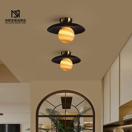 中古法式过道走廊吸顶灯入户玄关电视墙灯创意实木复古阳台LED灯