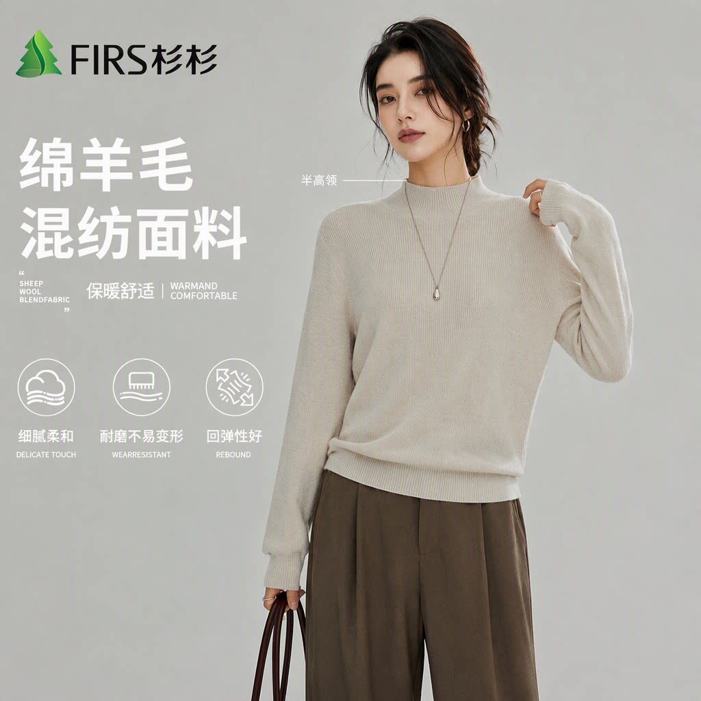 Firs/杉杉旗舰店女秋季半高领长袖绵羊毛针织衫休闲百搭打底上衣