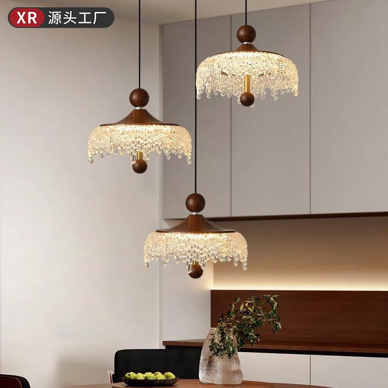 中古风卧室床头吊灯可升降水滴复古胡桃木色法式餐桌过道玄关吊灯