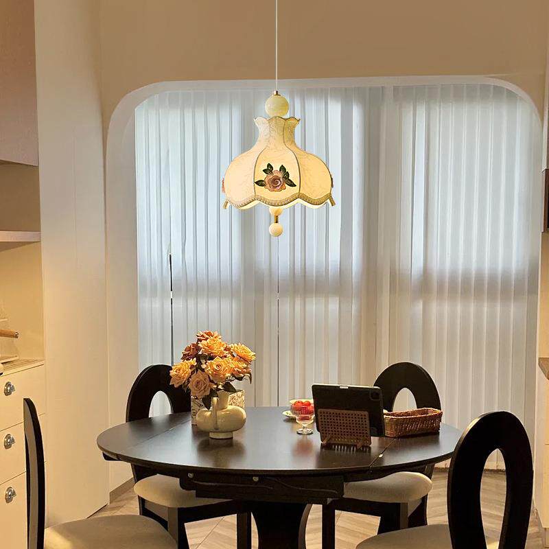 中古风玉石餐厅吊灯复古吸顶灯刺绣玫瑰花朵升降布艺餐桌护眼吊灯
