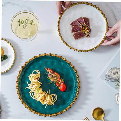 20CM Dark Green Gold Border Beaded Ceramic Dessert Plate