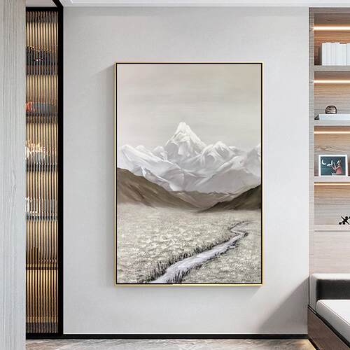 办公室山水风景画手绘油画中式入户玄关挂画客厅走廊竖版大幅壁画