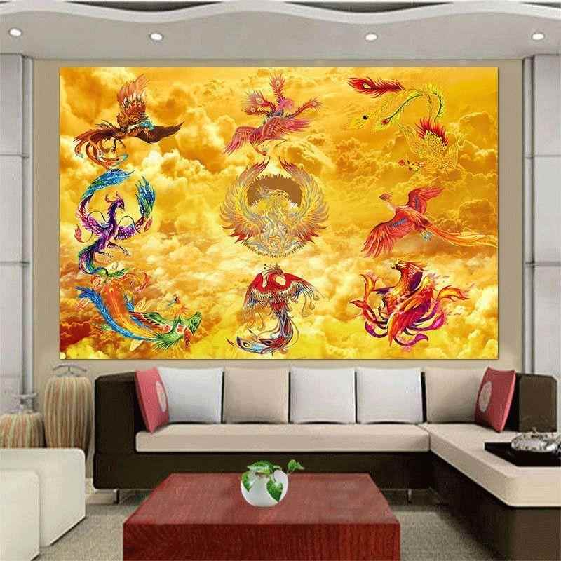 九凤图挂画凤凰自粘画聚财风水画招财中堂贴画镇宅家用佛堂背景画