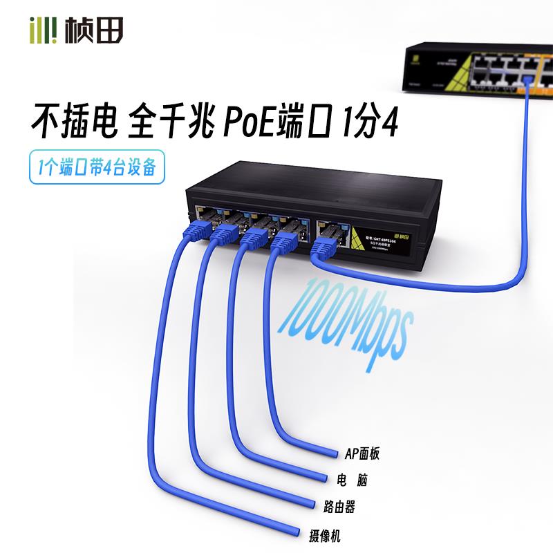 桢田无源1分4 poe中继器防水受电交换机 无电源串联级联宝69P51G6