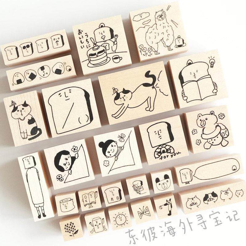 【现货】日本hanco makkey小众可爱木质印章 面包人猫咪手帐素材