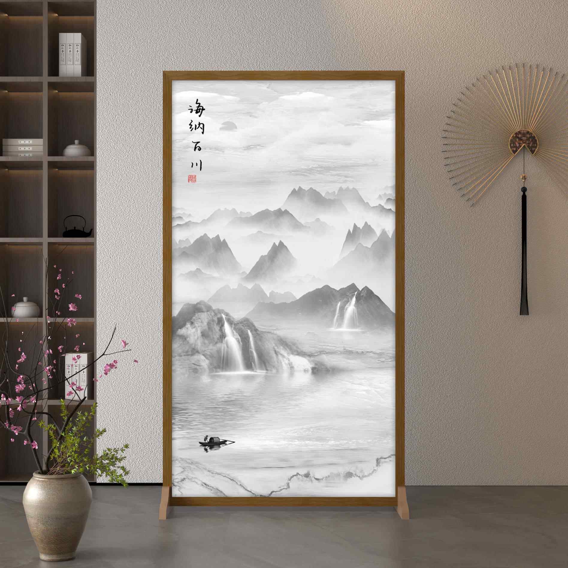 高档新中式简约现质玄代隔断入户布移艺遮挡客厅木屏风关装饰动座