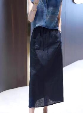 藏色身裙女夏季新款高腰显瘦气质宽松抽绳松紧腰A字长裙0613r