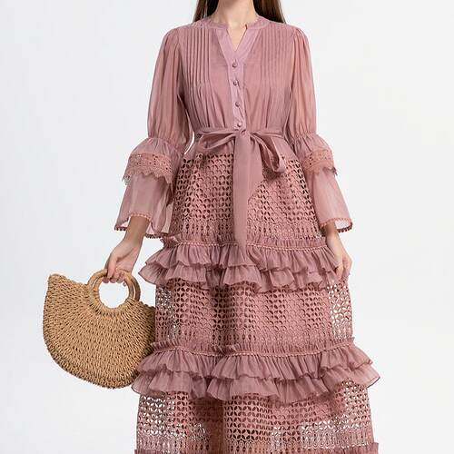 Horn sleeve hollowed out lace patchwork cake dress for