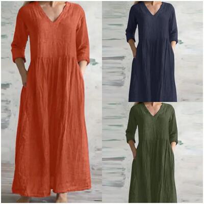Dress collar women's cotton and linen long skirt pocket