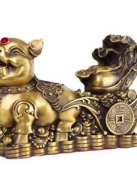 纯铜金猪拉财摆件 十二生肖福猪送财铜白菜 居家金属工艺品