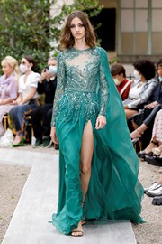 zuhairmurad2023年蓝绿色，飘袖雪纺开叉年会，晚礼服新娘敬酒服