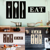 MZ183创意立体木质餐具刀叉EAT墙贴挂件厨房背景墙装 饰木板5mm