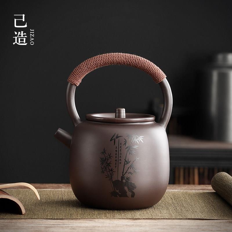 己造 紫砂提梁壶大容量球孔过滤家用茶壶雕刻防烫手把冷水壶单壶
