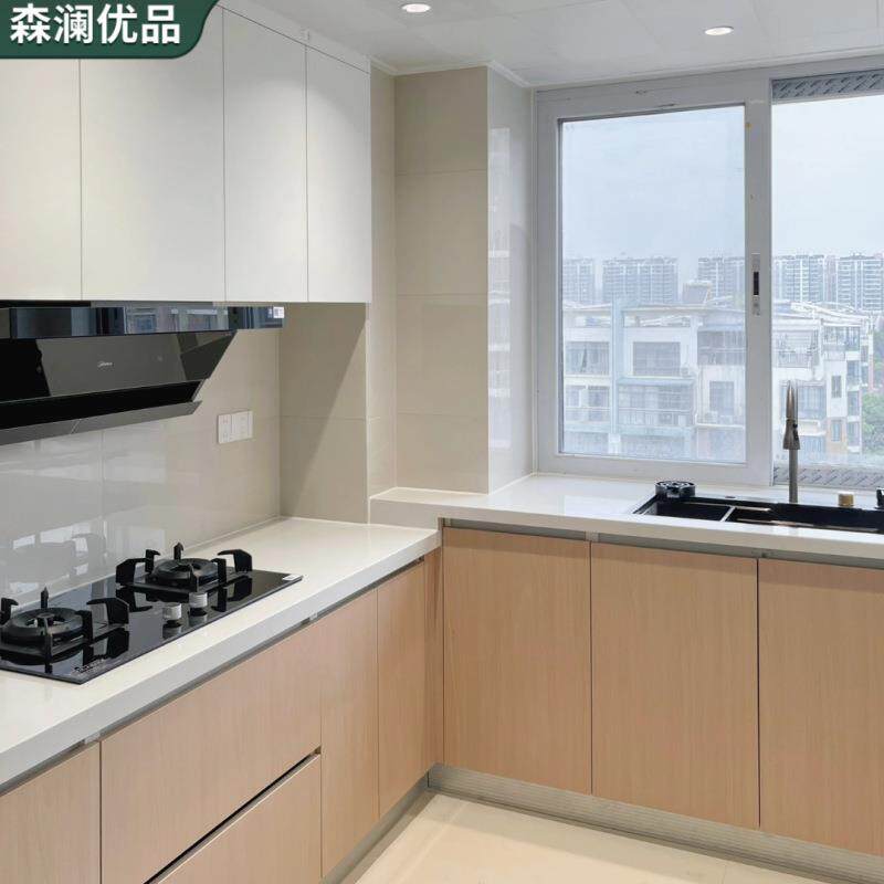 北京厂家定 制 整体橱柜家用原木风实木橱房网红小清新石英石岩板