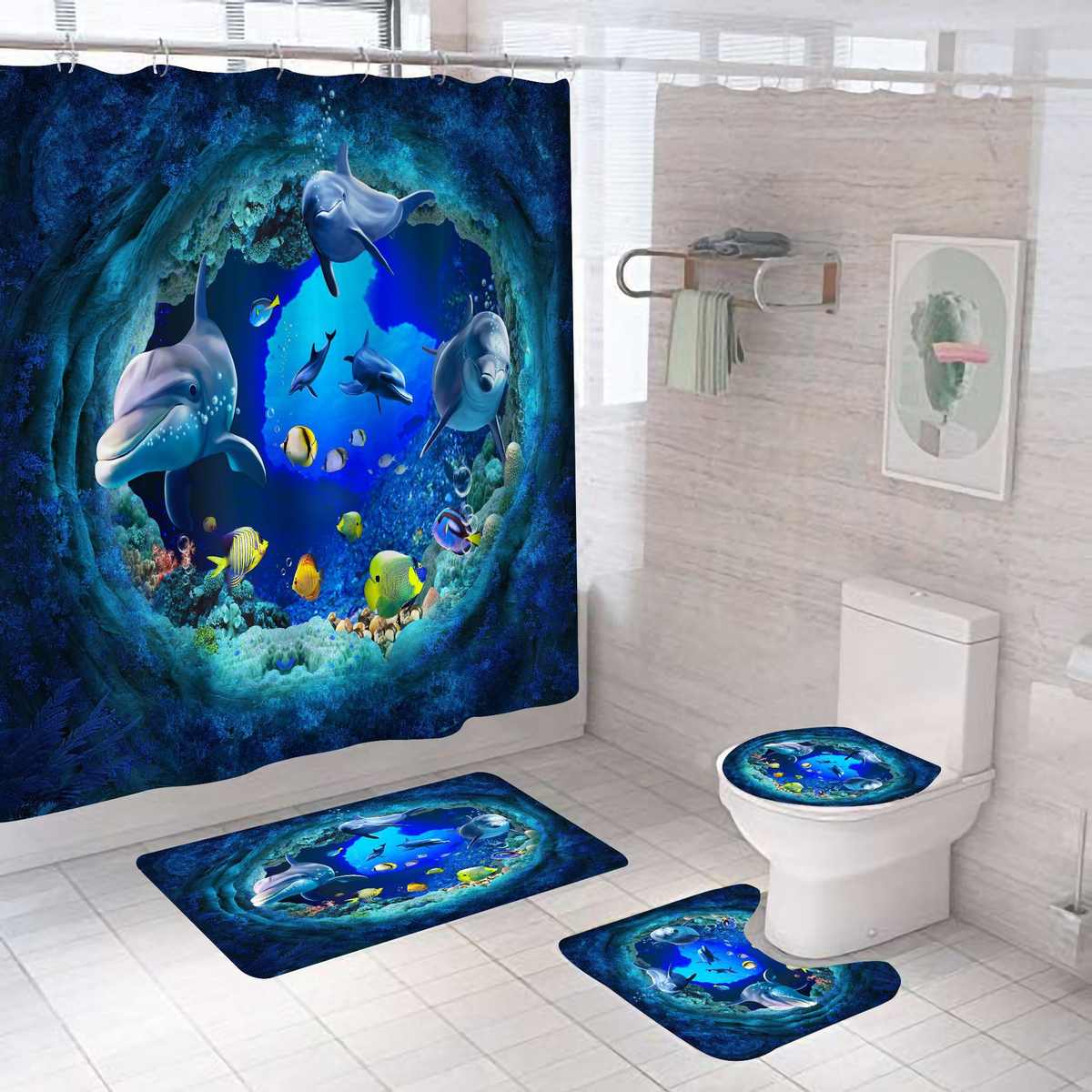 欧美跨境家居浴室防水浴帘布 海豚溶洞浴帘四件套shower curtain