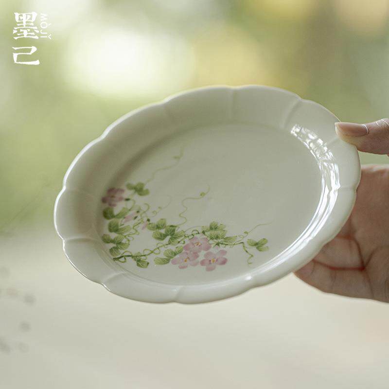 墨己小苍翠花边手绘牵牛花壶承茶道配件陶瓷盘多用茶点盘干泡盘