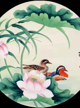 圆形荷花风景图贴画客厅卧室出租房浴室装饰自粘贴古风壁纸防水款