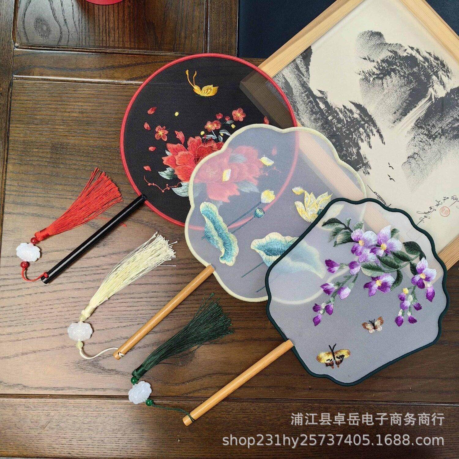 新款双面刺绣古风团扇汉服舞蹈旗袍绣花扇子复古手工长柄扇