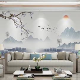 新中式影视壁纸意境山水画壁纸客厅卧室茶室壁画壁布无缝墙布