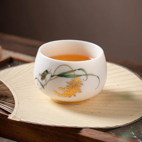 素雅羊脂玉瓷主人杯黄金万两茶杯陶瓷麦穗茶杯个人专用品茗杯单杯