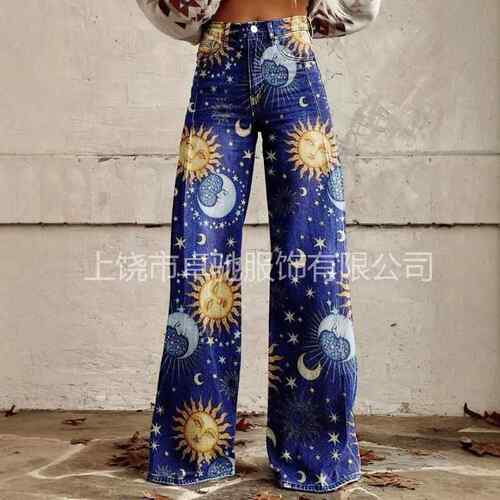 Pentagram imitation denim wide leg pants for women, flared