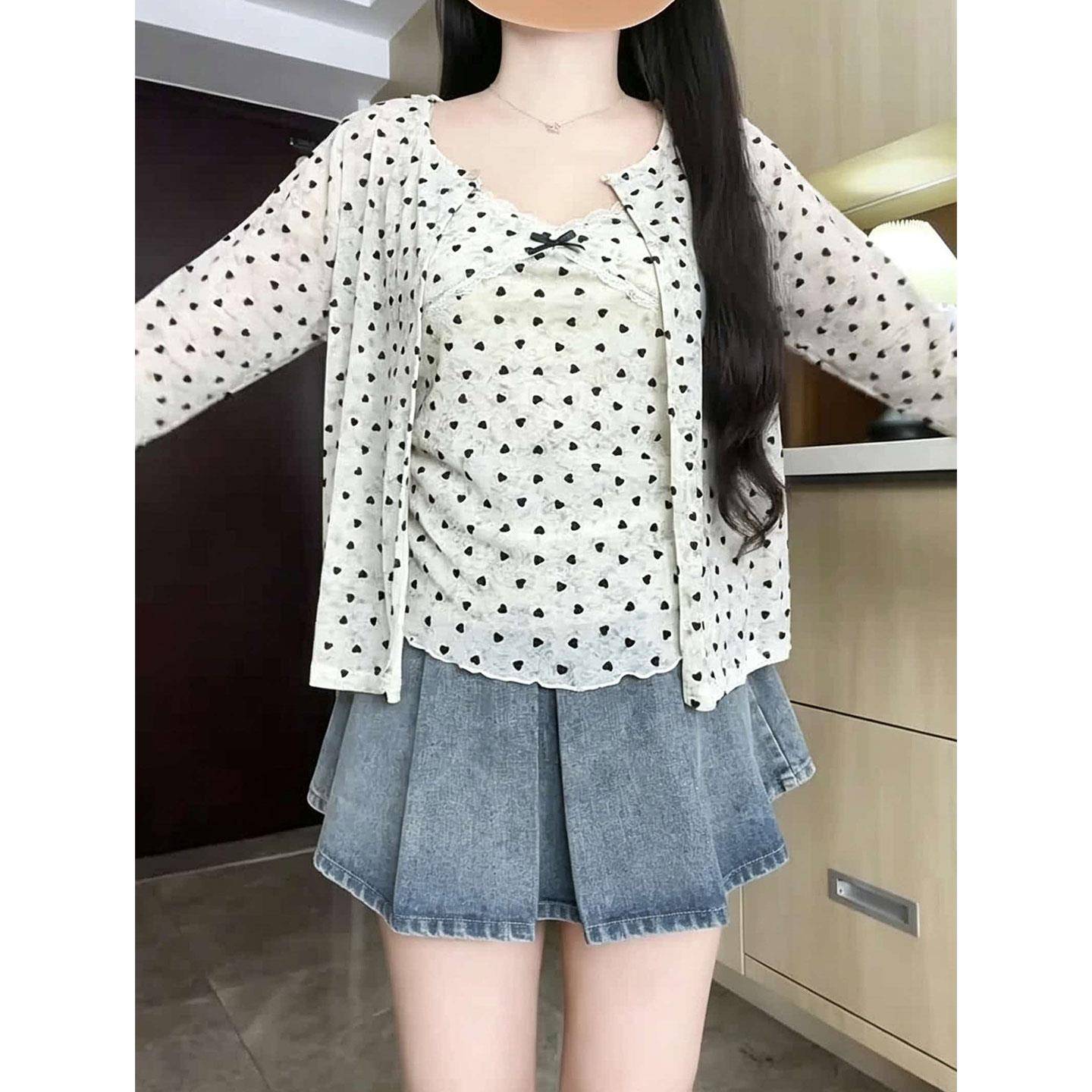 好货大码波点开衫吊带背心两件套女秋季胖mm韩系减龄显瘦百搭套装