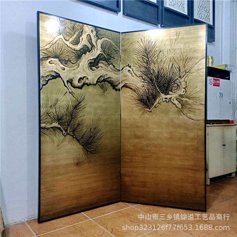 手绘松树古老苍松客厅办公室摄影工作室背景装饰隔断折屏金箔屏风