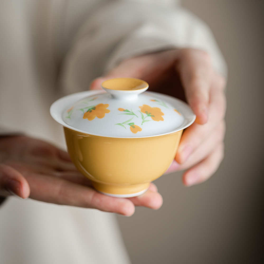 泥人述 杏黄釉手绘油菜花盖碗 田园风釉下彩陶瓷家用泡茶碗礼品