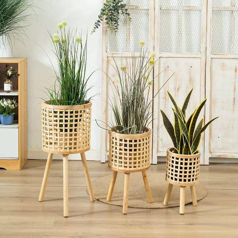 北欧花架置物ins客厅竹编植物装饰阳台手工编织篮子大号落地式