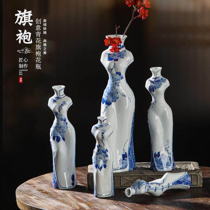 花瓶旗袍景德镇花瓶青花瓷旗袍高温水培陶瓷旗袍花瓶明清古典花瓶