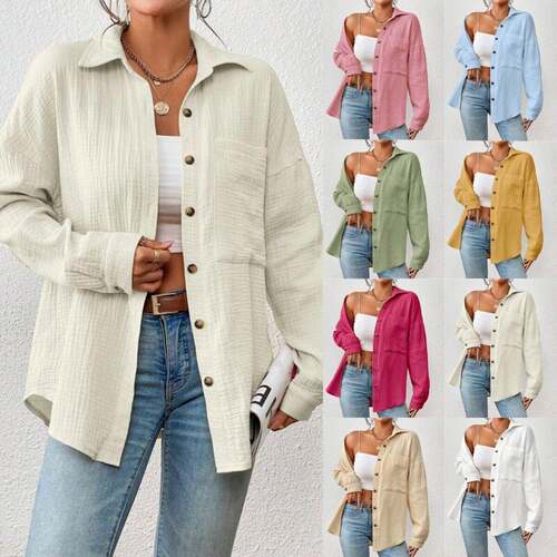 Collared Long Sleeve Casual Top Shirt with side