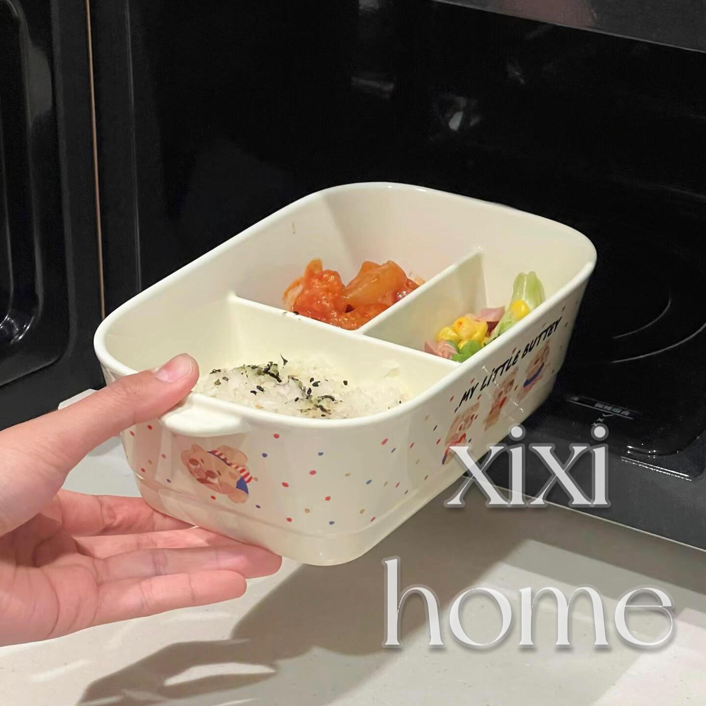 三只小猪陶瓷饭盒微波炉专用上班族学生保温便当盒双耳分隔午餐盒