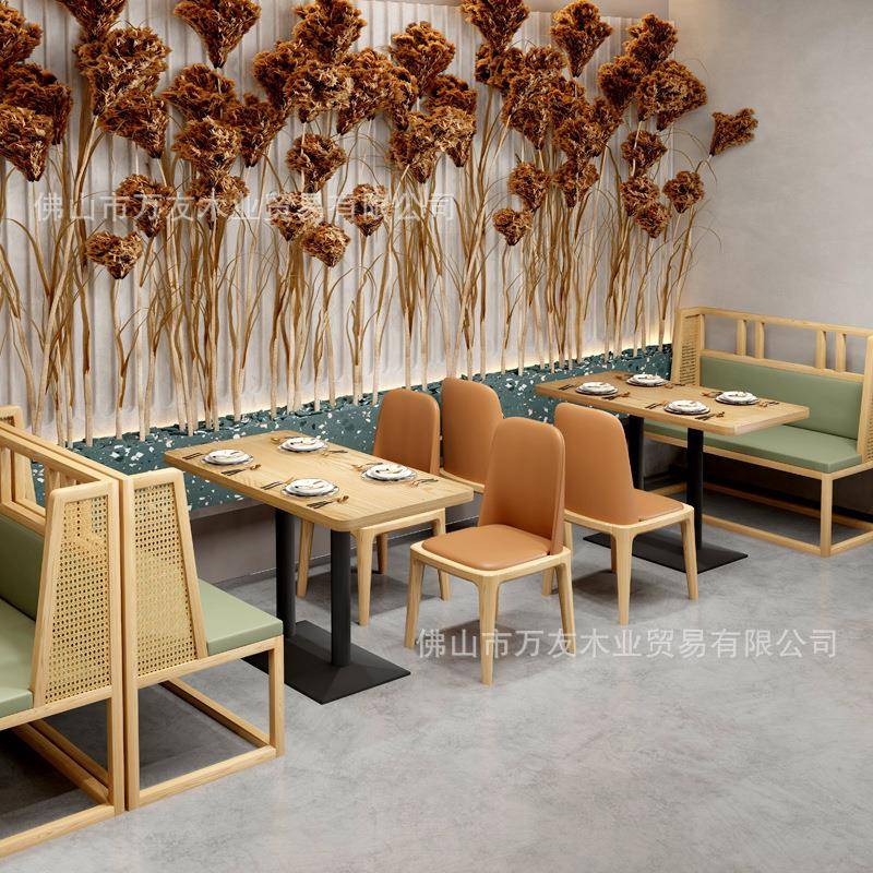 茶餐厅餐饮烧桌烤店小吃面靠馆藤墙编卡座沙发WY2021-0凳桌椅组合