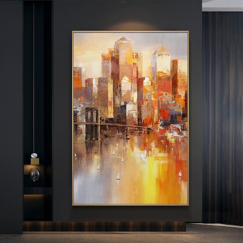 盐马手绘油画客厅抽象工业风挂画竖版城市之光壁画别墅玄关装饰画