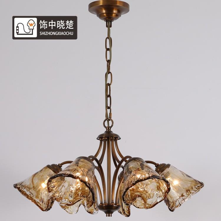 中古美式吊灯全铜餐厅吊灯复古法式朝下低层高客厅卧室玻璃灯具