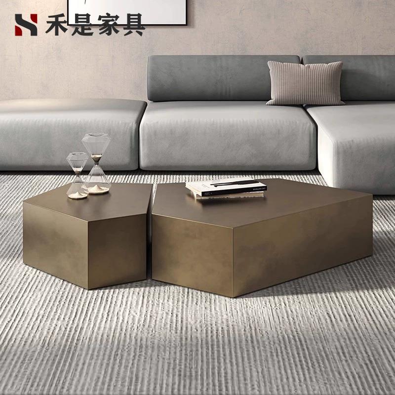 意式极简轻奢棱形金属设计组合茶几不锈钢拼接几何异形客厅茶桌