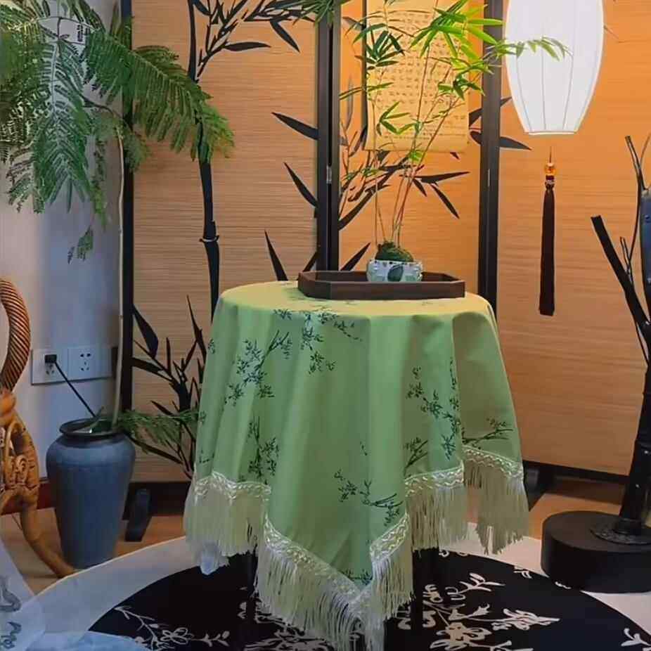 正品布边新中式竹子图古典雅致桌艺覆古流苏文艺桌案布几布餐桌布