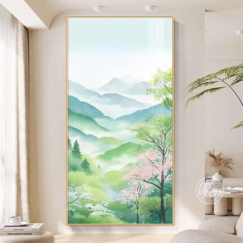 日式入户玄关装饰画高端原木风客厅过道走廊尽头竖版壁画风景油画图片