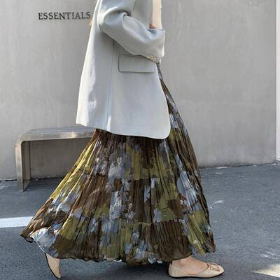 油画印花百褶半身裙女春季2026新款高腰A字裙蛋糕裙显瘦雪纺长裙