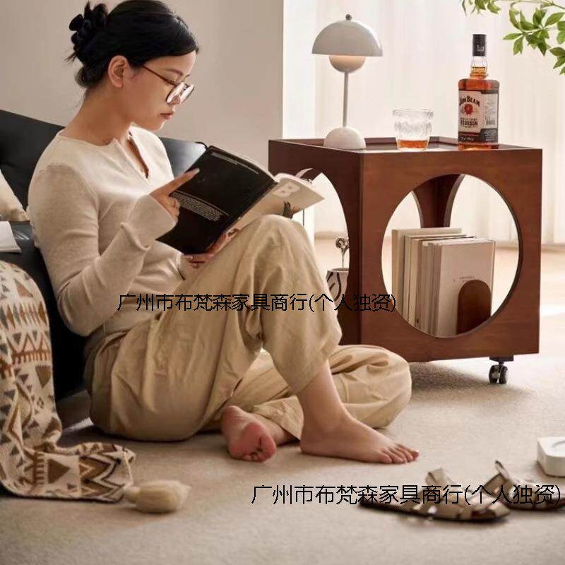 可移35动中复古实木几边带滚轮厅沙发边床边收纳几置物客新茶款