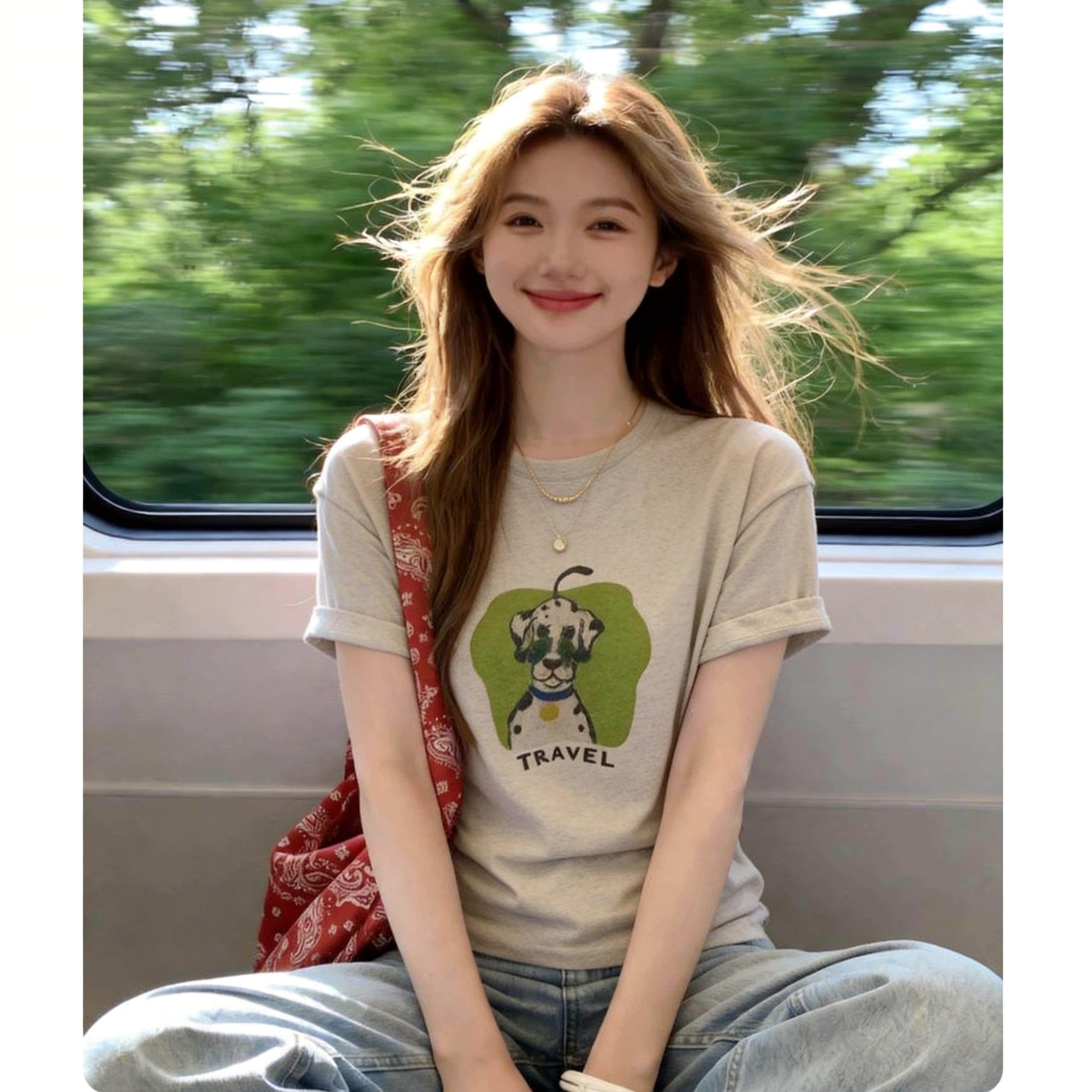 韩系小个子灰色卡通印花短袖T恤女2026夏日薄款超火减龄chic上衣