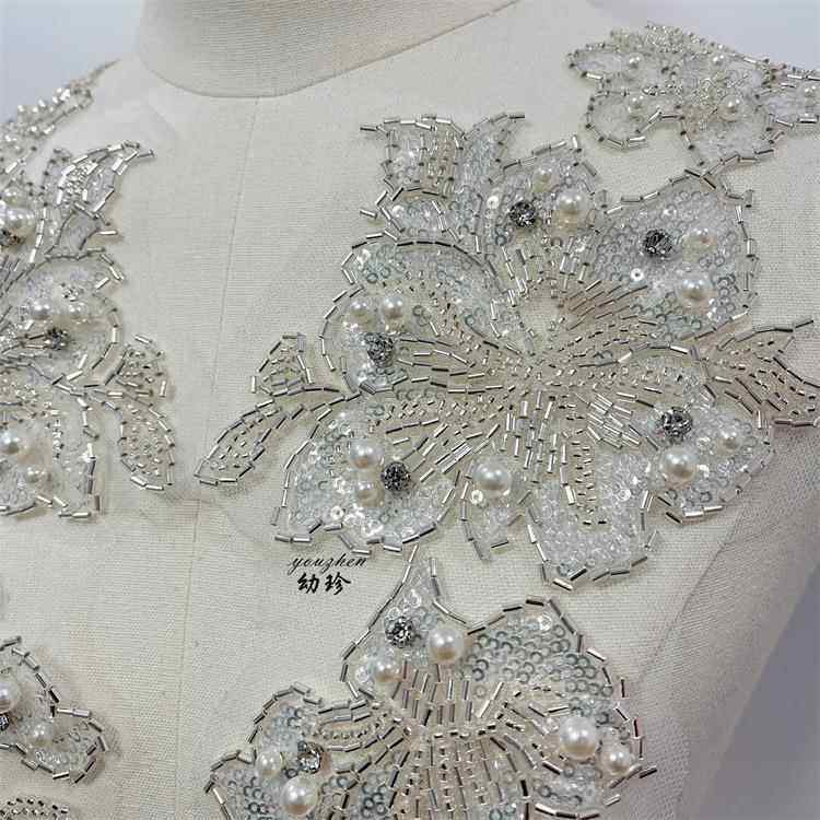 重工钉珠订钻花朵 奢华珠绣对花领口胸花diy配饰贴花轻奢服装花边