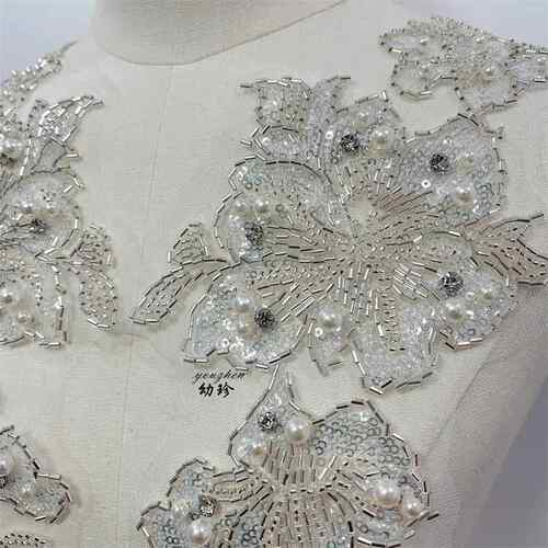 重工钉珠订钻花朵 奢华珠绣对花领口胸花diy配饰贴花轻奢服装花边