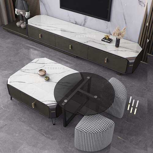 岩板方形椭圆形电视柜茶几组合现代简约小户型轻奢意式伸缩落地柜