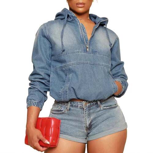 Womens Half Zip Denim Hoodie Pullover Jacket Jean Tops