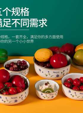 工厂外贸搪瓷餐具饭菜保鲜碗 套碗 小兰花加厚冰碗汤碗五件套