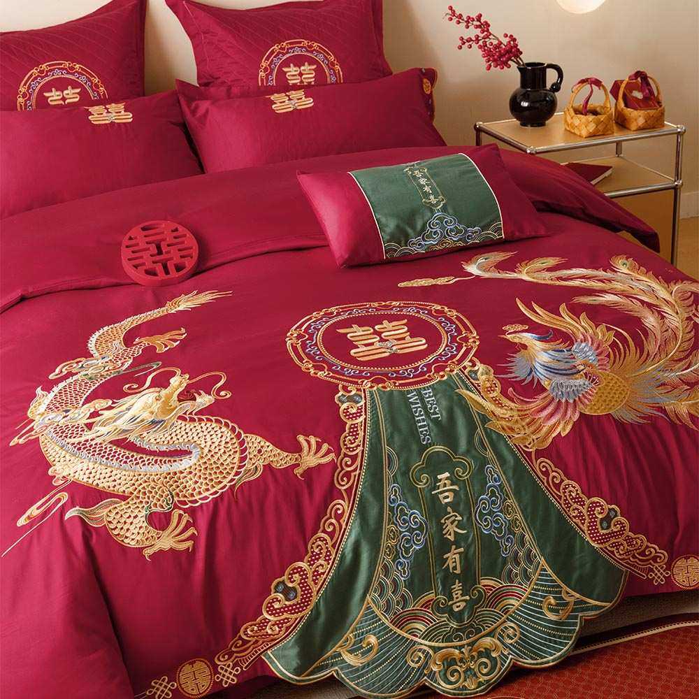 中式婚庆龙凤喜礼床上四件套全棉100S纯棉大红色结婚被套床单床盖,床上用品,婚庆床品套件,淘宝优惠券,粉丝福利购,淘宝优惠卷