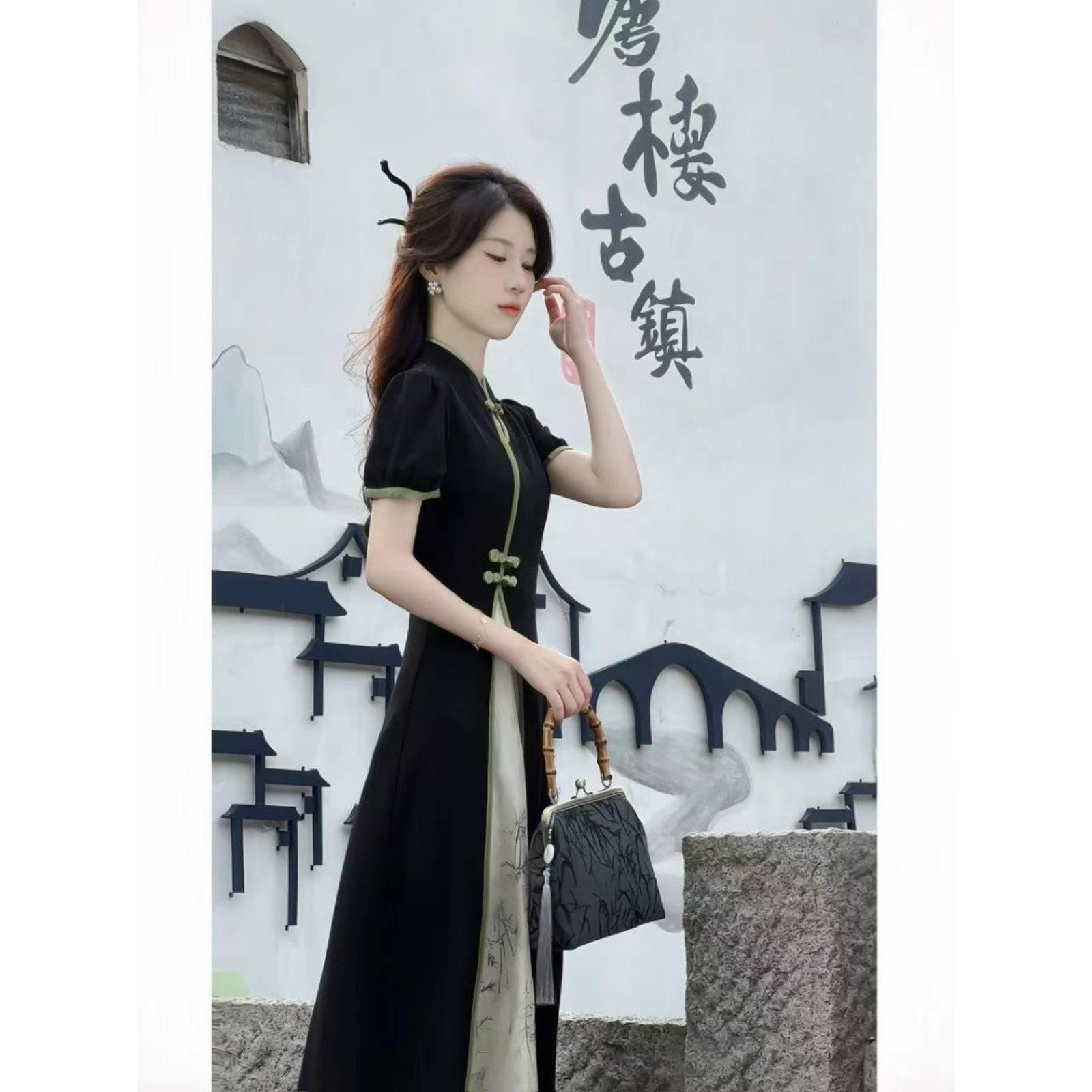 新中式改良旗袍连衣裙 国风竹子印花修身收腰长裙 套头旗袍领通勤