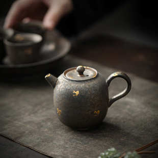 铁锈釉小陶壶家用功夫茶具 点金复古鎏金茶壶窑变泡茶壶单个壶中式