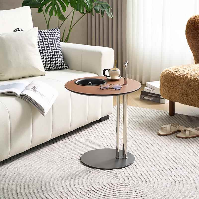 马鞍皮茶几组合小户型极简设计不锈钢异形创意家具带储物圆形边几